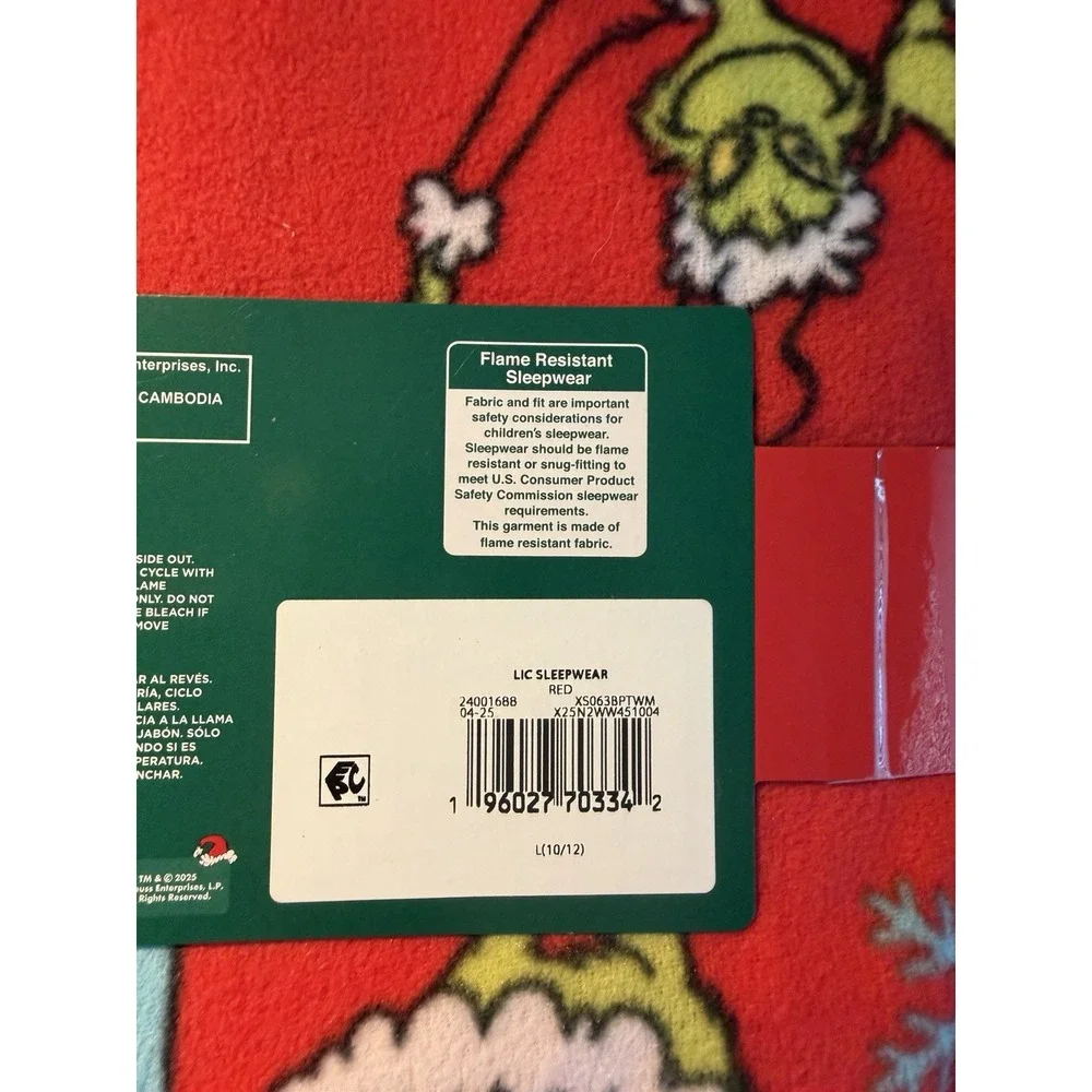 New DR SEUSS THE GRINCH KIDS SLEEP PANTS - SIZE Large Red Fleece Pajama Bottoms